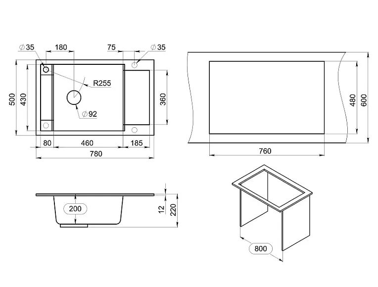7806, ШВАРЦ (чёрный металлик), кухонная мойка, кварц GRANULA 7806-ST174 - Вид №3