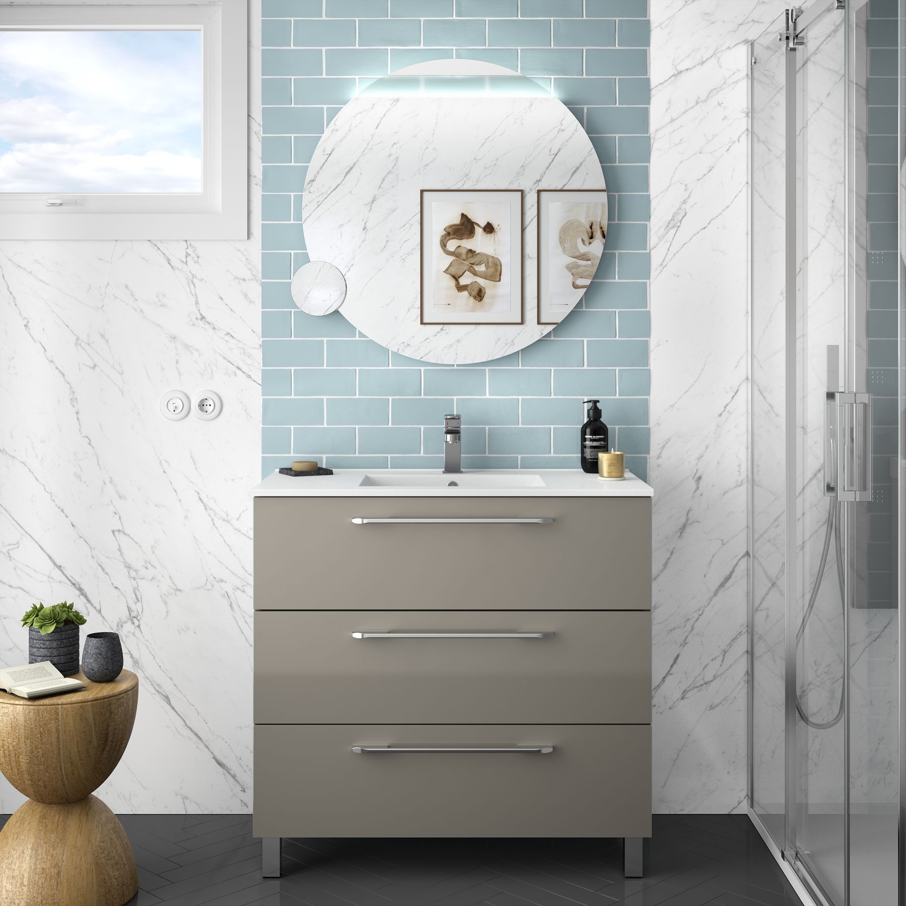26593 SALGAR Мебель для умывальника FUSSION CHROME 900 3 ящика GLOSS TAUPE 897 x 868 x 450 мм Глянцево-серо-коричневый