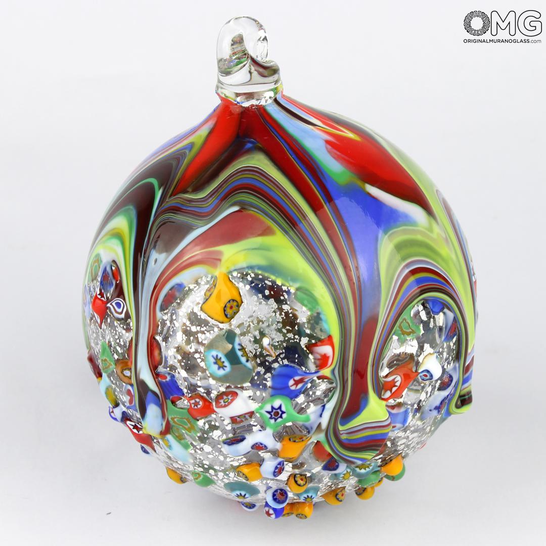 3285 ORIGINALMURANOGLASS Новогодний шар - серебро и миллефиори - MURANO GLASS XMAS 8 см  - Вид №1