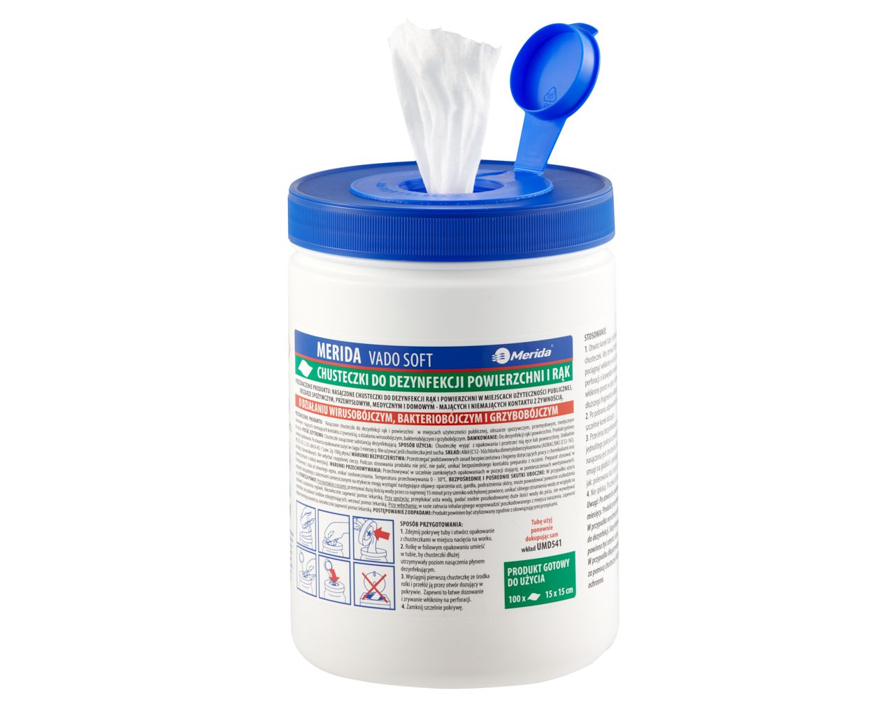 UMD742 Салфетки для дезинфекции рук и поверхностей VADO SOFT без спирта, туба, 15 м, 100 листов Merida  - Вид №1