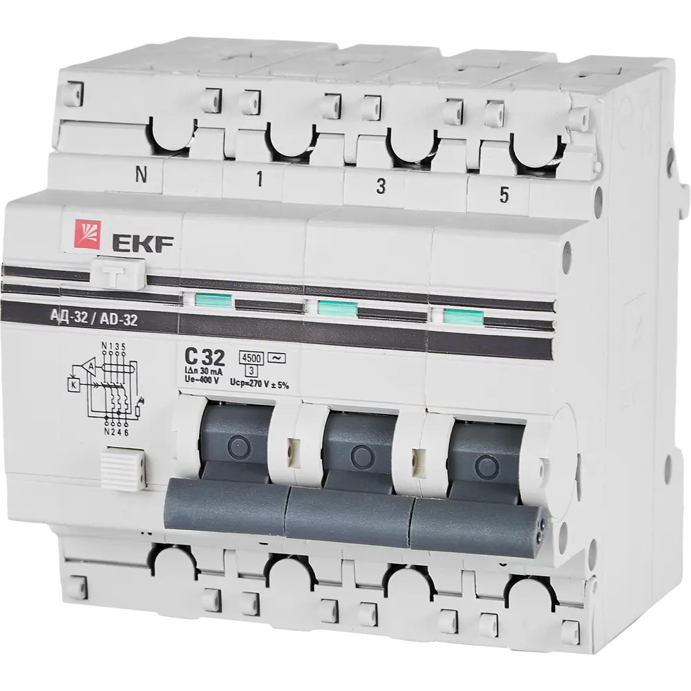 Дифференциальный автомат EKF АД-32 3P N C32 А 30 мА 4.5 кА АС STLM-2093807