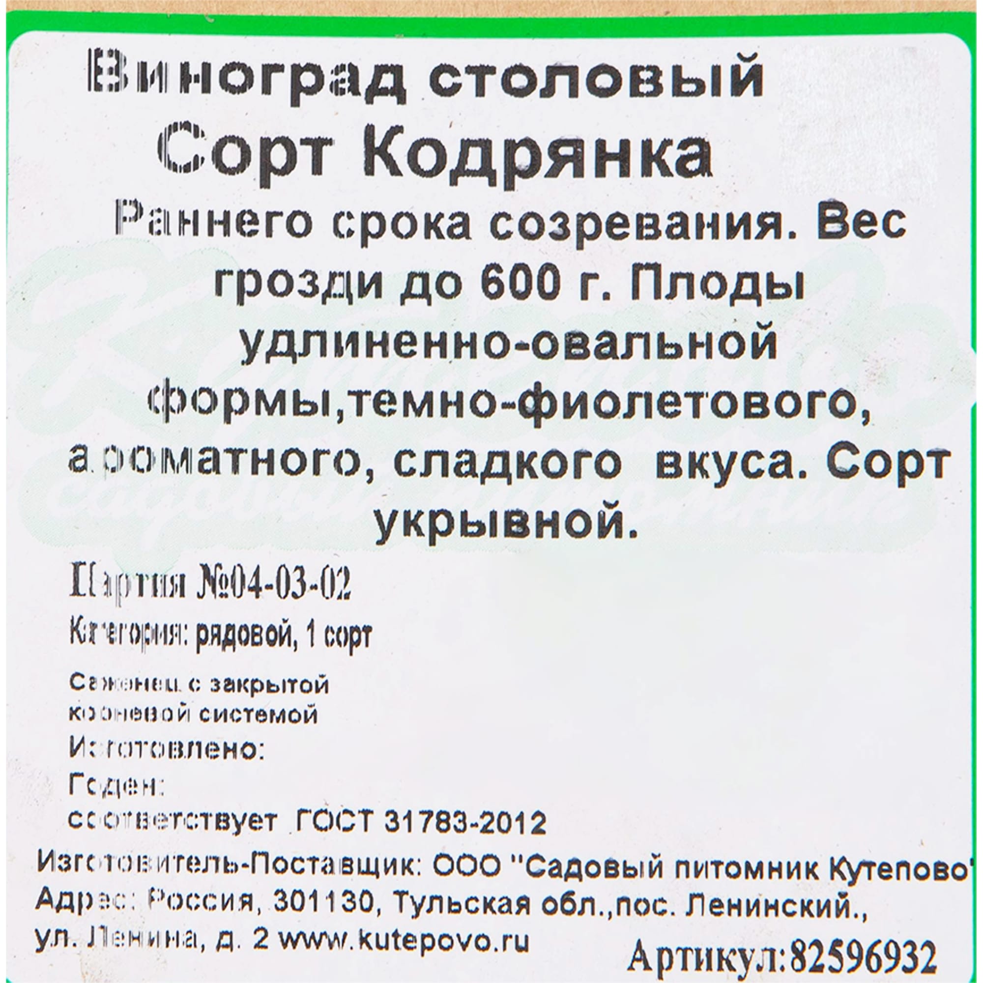 82596932 Виноград плодовый «Кодрянка» C2 высота 50 см Santreyd  - Вид №1