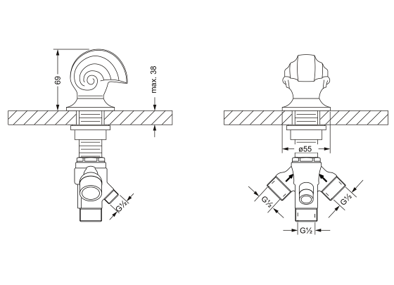 Переключатель на два положения ½", монтаж на борт ванны JOERGER Muschel 601.40.750.000 - Вид №1