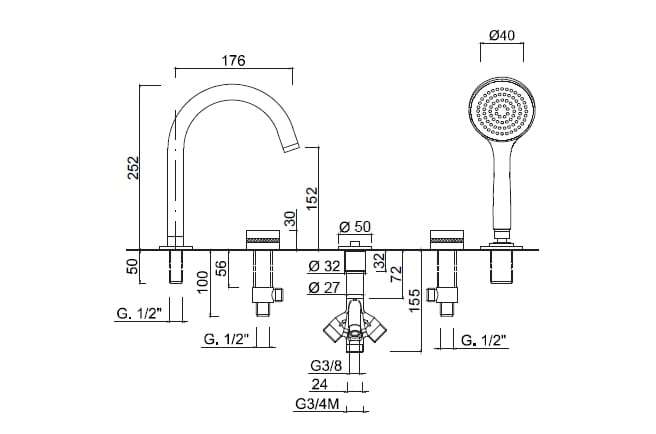Смеситель для ванны с 5 отверстиями и ручным душем Rubinetteria Giulini MyRing Deluxe ARCH-00027213 - Вид №2