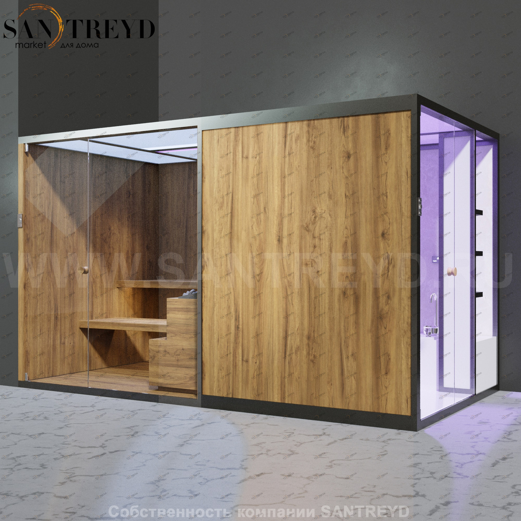 Effegibi BODYLOVE SH BL45210004 Боковая комбинированная баня: хаммам и сауна. Установка: в левый угол. Мощность: 15 кВт макс. Размеры: длина 393 см, ширина 176 см. Отделка: термообработанная древесина, светлый керамогранит и гладкая термообработанная древ