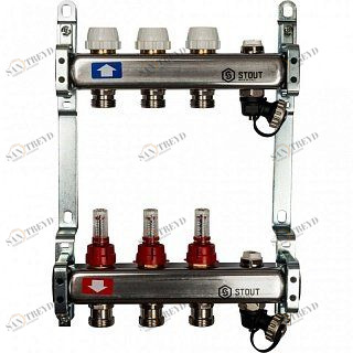 Коллектор из нерж. стали на 3 вых. с расходомерами, сливом и клапаном STOUT SMS0927000003