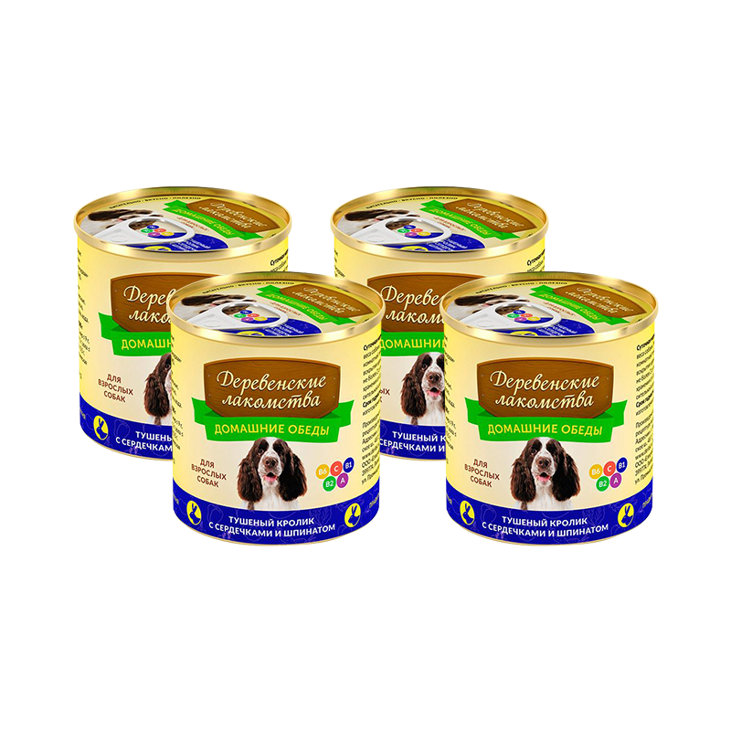 ПР0037809*4 Корм для собак Домашние обеды Тушеный кролик, сердечки, шпинат конс. 240г (упаковка - 4 шт) ДЕРЕВЕНСКИЕ ЛАКОМСТВА 
