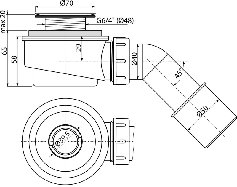 Сниженный сифон для душевого поддона ALCAPLAST A47150 - Вид №1