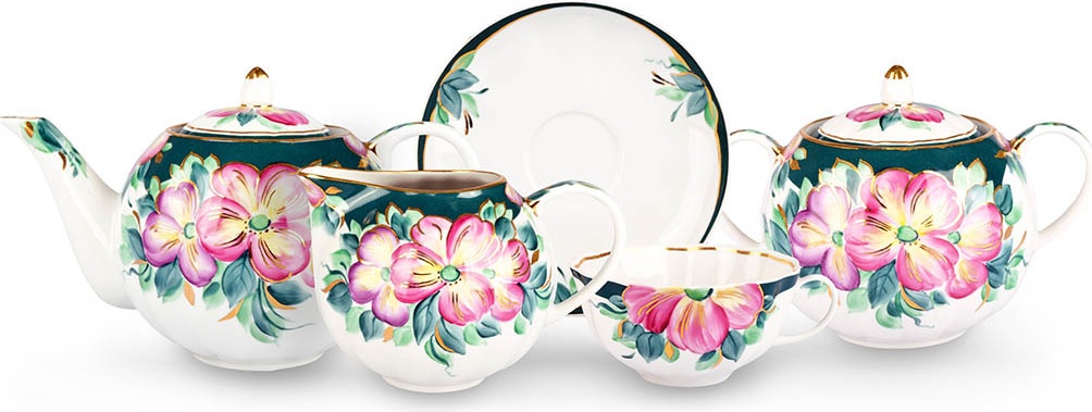 10634514 Дулевский фарфор Сервиз чайный 6/15 "Тюльпан" "Анютины глазки" Фарфор 