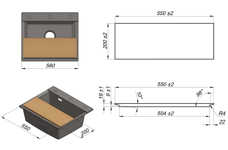 ES-5804, ГРАФИТ (ЧЁРНО-СЕРЫЙ), кухонная мойка, кварц, ESTETICA GRANULA 5804-ST202 - Вид №4