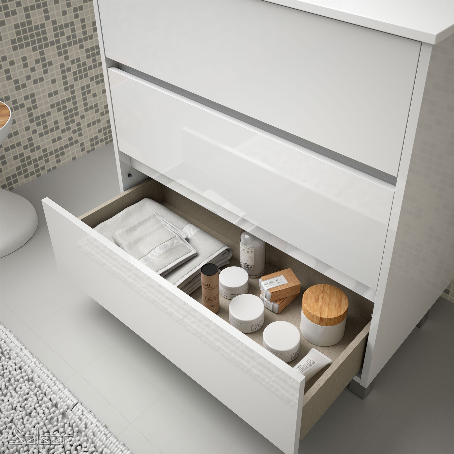 85101 SALGAR Комплект мебели для ванной ARENYS 600 WHITE GLOSS LACQUERED + Раковина + Зеркало + Свет Глянцевый белый - Вид №1