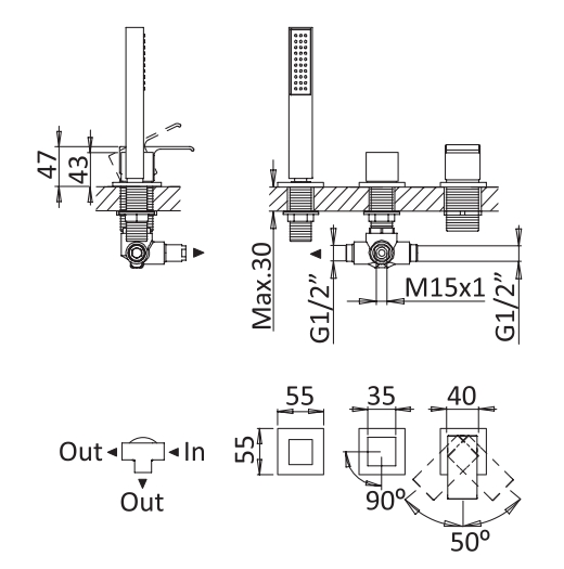 Смеситель на борт ванны с выдвижным душем и переключателем CEZARES PORTA-BVDM3-01 - Вид №1