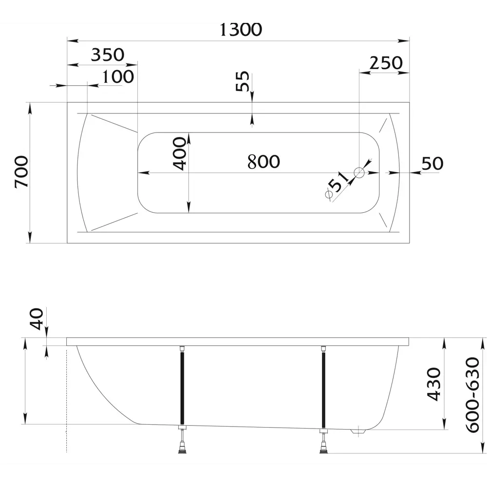 Ванна 100Acryl Ницца акриловая 130x70 см каркас в комплекте STLM-2170610 - Вид №10