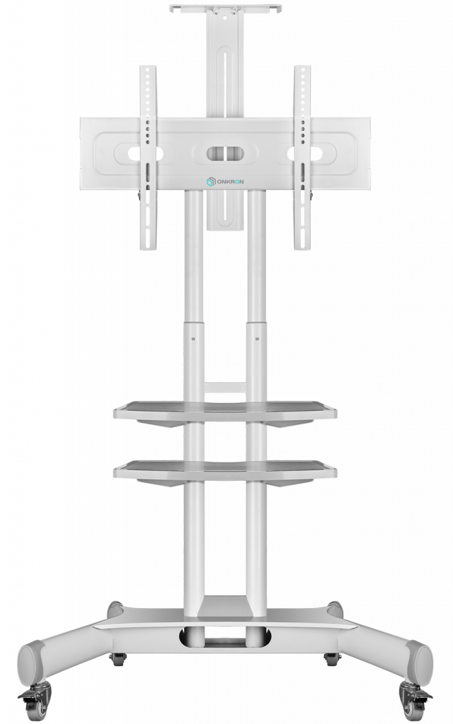 TS1552 WHITE Мобильная стойка на 1 тв/ 32-65" от 200х200 до 400х600 наклон 0º поворот 0º макс нагр 45,5кг высота 1200-1500мм, кабель-канал, 2 полки, регулировка полок по высоте, колесики с блокировкой, белая ONKRON Santreyd 