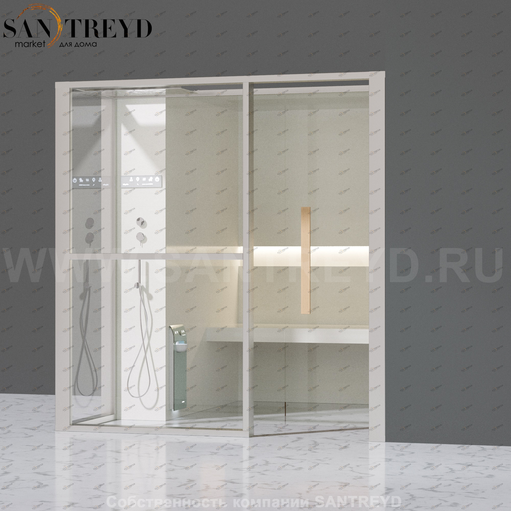 Effegibi LOGICAFILO H LO31020008 Хаммам. Установка: в правый угол. Левая дверь. Мощность: 4,5 кВт макс. Размеры: длина 214 см, ширина 250 см. Отделка: матовый лакированный белый аллюминий и серый ламинат из керамогранита.