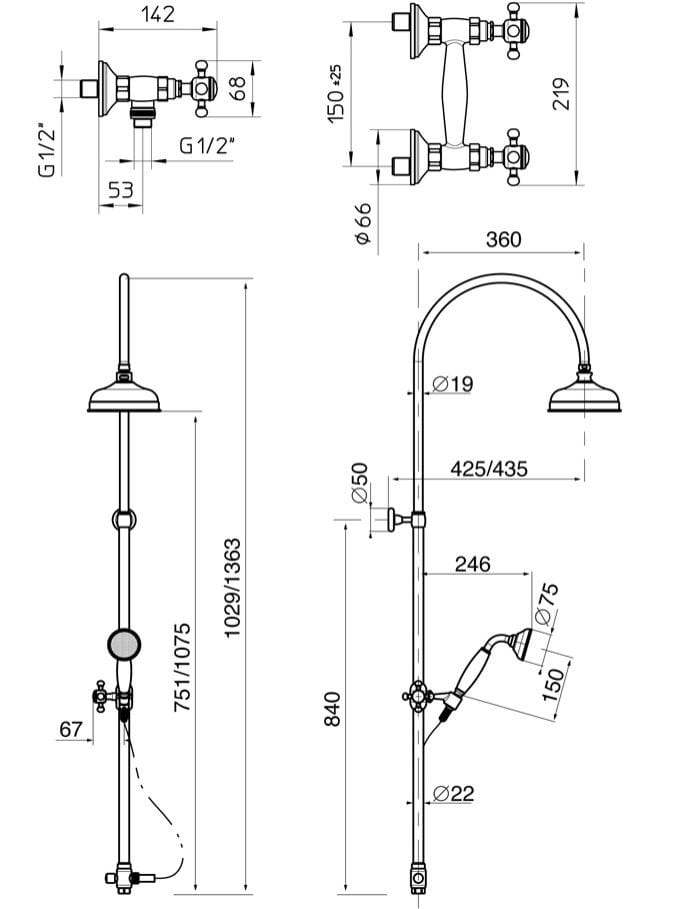 Настенная душевая колонна с ручным душем Gentry Home Chelsea ARCH-00005208 - Вид №1
