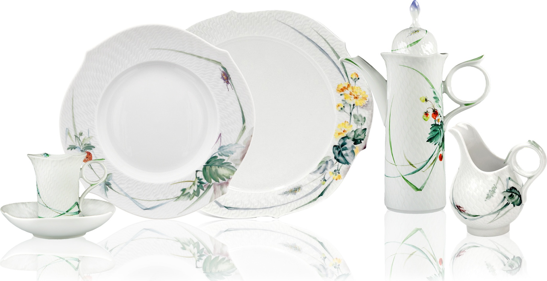 10661256 Meissen Сервиз кофейный мокко 6/21 "Игра волн, рельеф, дикая флора" Фарфор, Керамика 