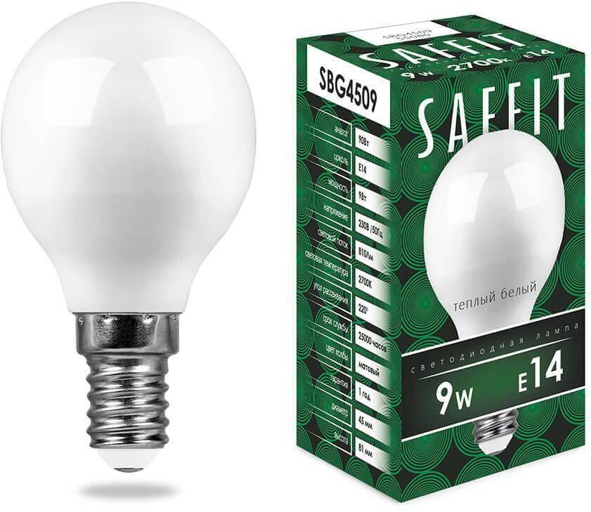 55080 Лампа светодиодная E14 9W 2700K Шар Матовая SBG4509 Saffit