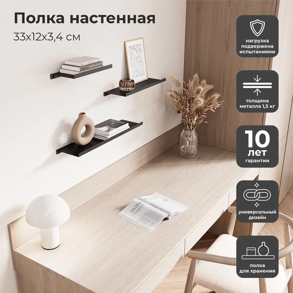 Настенная полка 33x12 см металл цвет черный KONSENSA STLM-2067496 - Вид №9