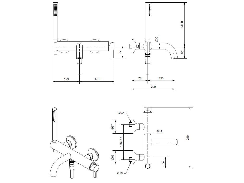 Хромированный латунный настенный смеситель для ванны Bugnatese Orion ARCH-00079515 - Вид №2