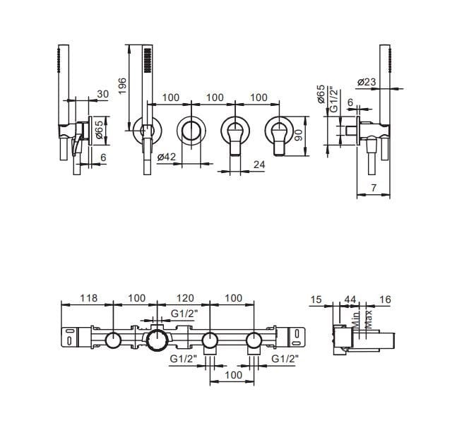 Настенный набор для ванны с 4 отверстиями и ручным душем ABOUTWATER AL/23 ARCH-00065947 - Вид №2