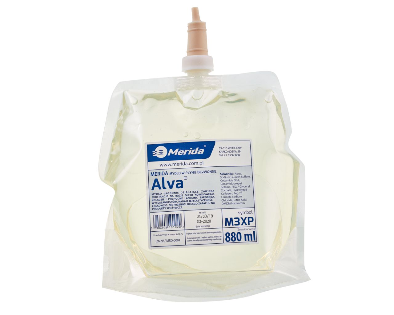 M3XP Специальное жидкое мыло для пищевой промышленности ALVA ODORLESS, одноразовый сменный блок, 880 мл, без запаха Merida 