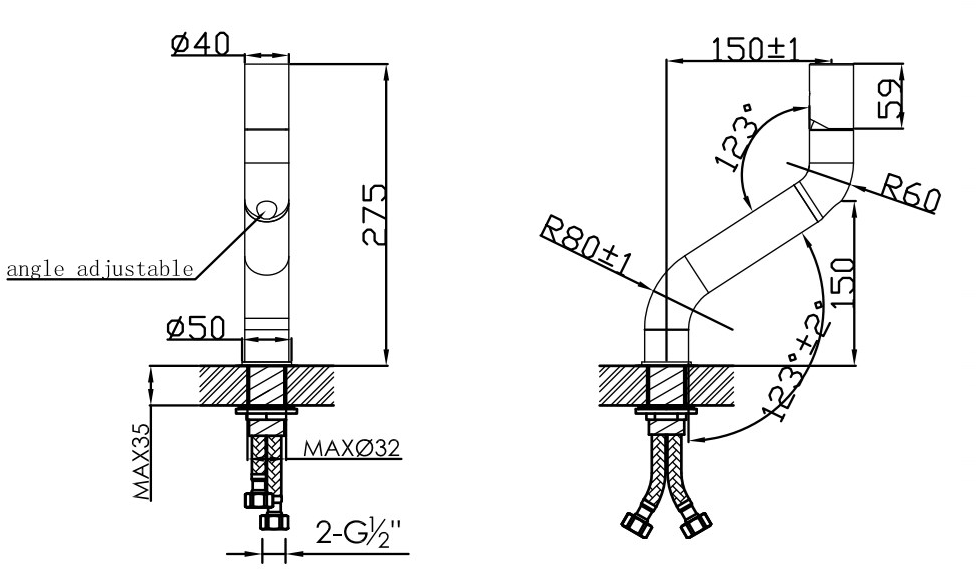 JEE-O Смеситель для раковины на столешнице из нержавеющей стали Flow 500-1700 - Вид №1