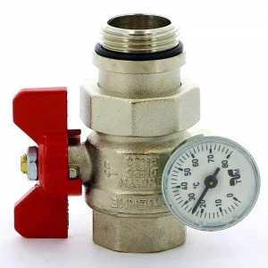 Кран шаровой НВ с разъемным соединением с термометром для коллектора бабочка TIEMME 1" бабочка красная