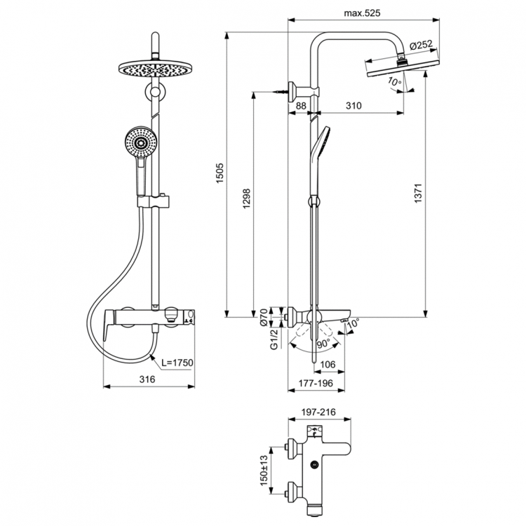 B2267AA Душевая система с настенным смесителем для ванны/душа Ideal Standard IDEALRAIN ECO EVO  - Вид №1