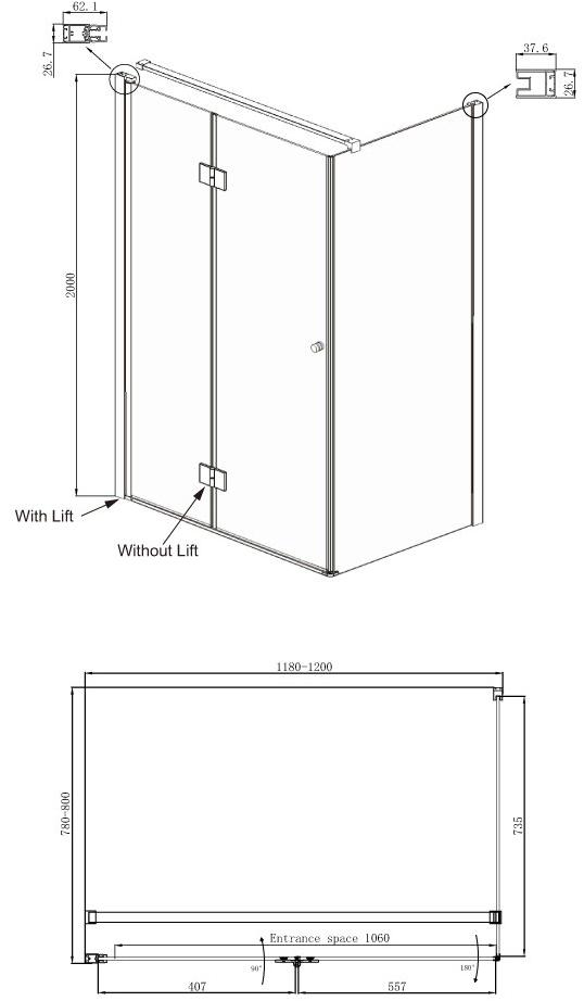 Душевое ограждение Ambassador Diamond 12011107L (1200x800x2000), 1 место - Вид №9