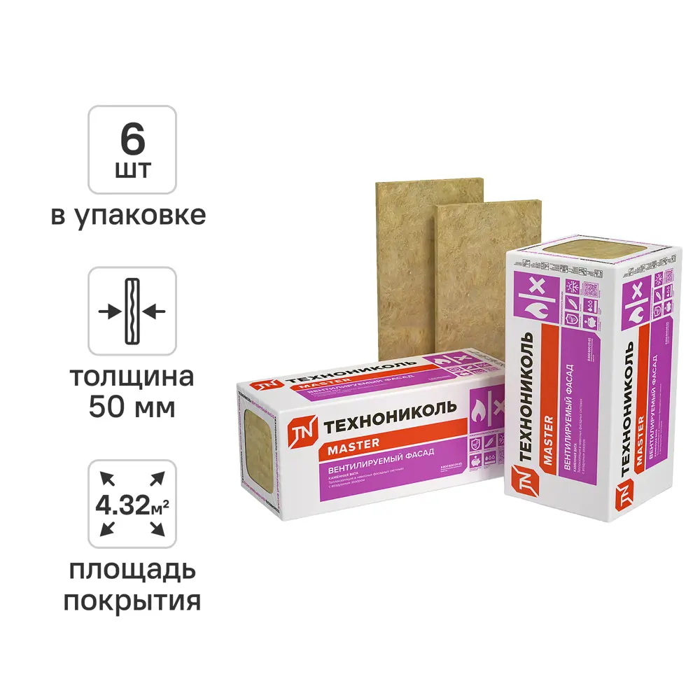 Утеплитель Технониколь ВентФасад 50 мм 6 шт 600x1200 мм 4.32 м² 82314314 STLM-2096147 