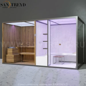 Effegibi BODYLOVE SH BL40210007 Фронтальная комбинированная баня: хаммам и сауна. Установка: к стене. Мощность: 15 кВт макс. Размеры: длина 393 см, ширина 176 см. Отделка: термообработанная древесина, светлый керамогранит и зеркало.