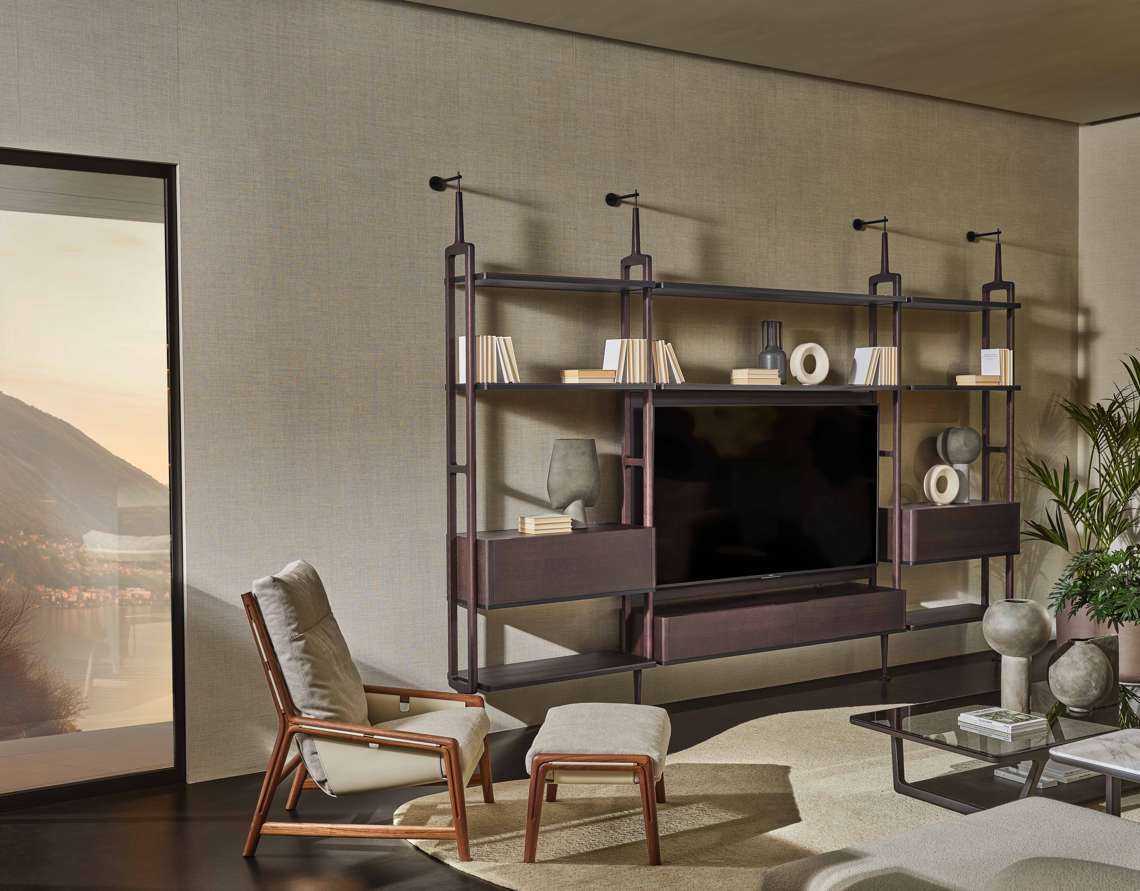 Настенный книжный шкаф из ясеня с подставкой для телевизора Porada Soul ARCH-00038058 - Вид №1