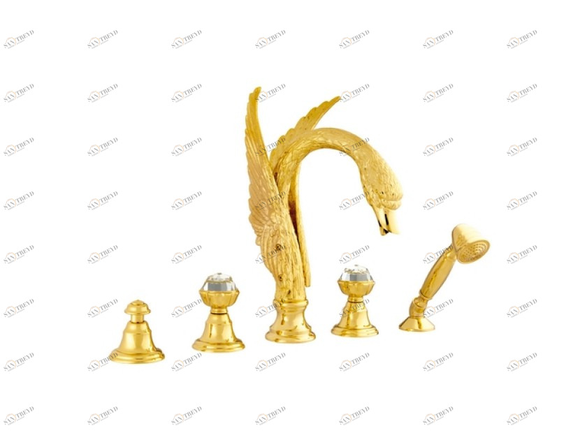 039256.A00.00 Набор для ванны с пятью отверстиями и кристаллами сваровски Золото 24К Mestre Swan