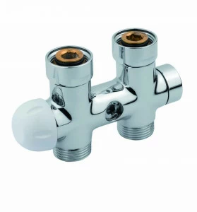 Carlo Poletti V37710J Клапан термостатический прямой, одно/двухтрубный с бай-пасс, с подключением медной или пластиковой трубы. Межосевое расстояние 50 мм.