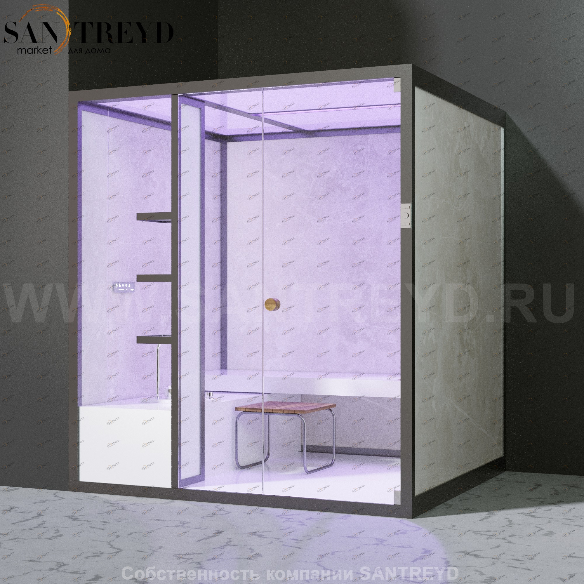 Effegibi BODYLOVE H BL30010004 Хаммам. Установка: в левый угол. Мощность: 7 кВт макс. Размеры: длина 200 см, ширина 176 см. Отделка: светлый керамогранит.