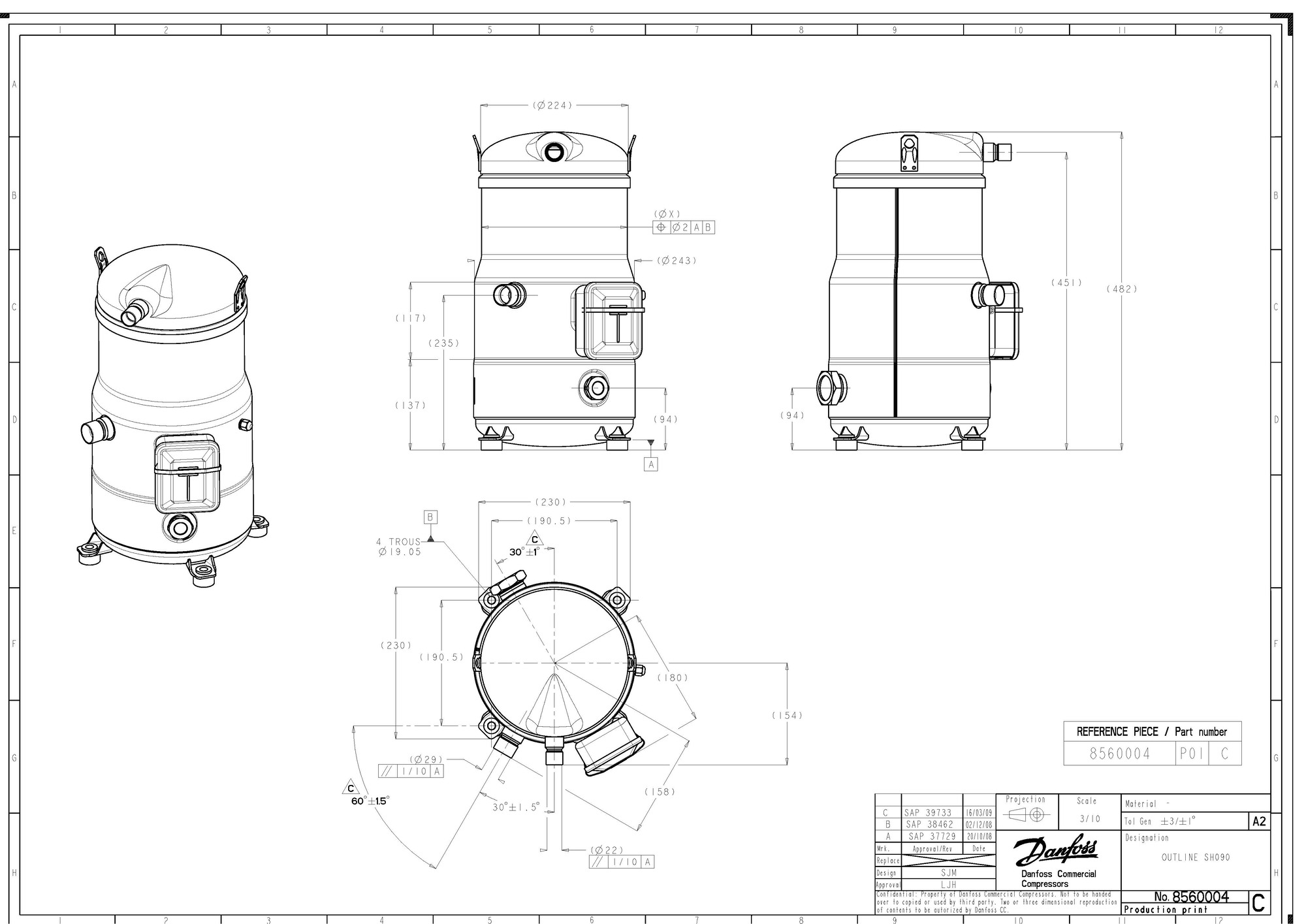 Danfoss SH — Герметичные спиральные компрессоры, R410A SH485B4ABA Компрессор спиральный 120H1064  - Вид №5