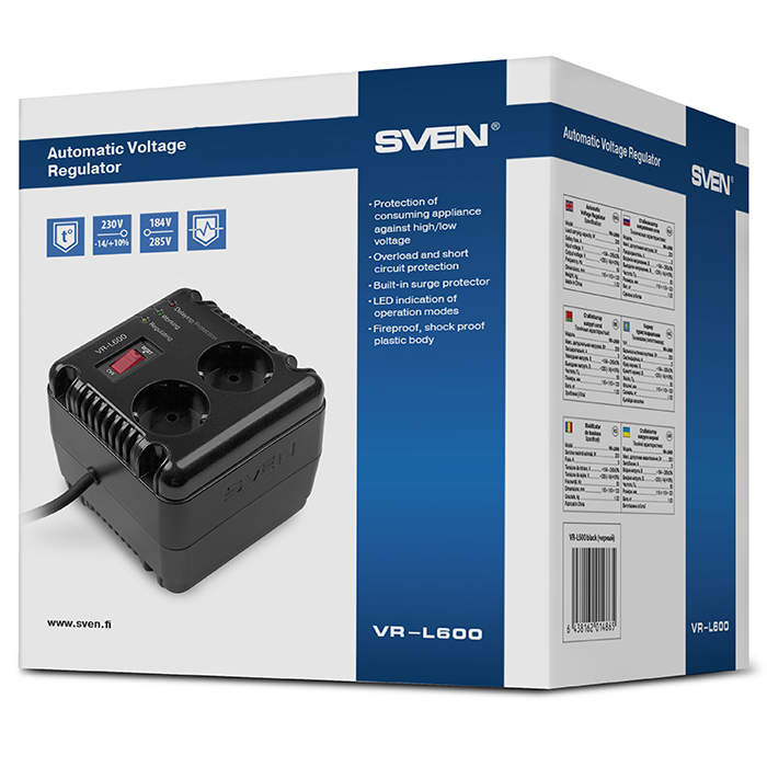 SV-014865 Stabilizer vr-l 600, relay, 200w, 184-285v, 2 euro outlets, black, 118 ? 106 ? 112mm, 1.4kg. Sven Santreyd  - Вид №3
