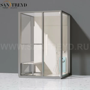 Effegibi H MEDIUM LO81010002 Комбинированная баня: хаммам и душ. Установка: к стене. Левая дверь. Мощность: 3 кВт макс. Размеры: длина 152 см, ширина 102 см. Отделка: матовый лакированный серый аллюминий и бежевый ламинат из керамогранита.