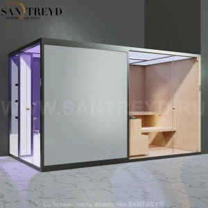 Effegibi BODYLOVE SH BL45130002 Боковая комбинированная баня: хаммам и сауна. Установка: в правый угол. Мощность: 15 кВт макс. Размеры: длина 393 см, ширина 176 см. Отделка: канадский хемлок, гладкое стекло.