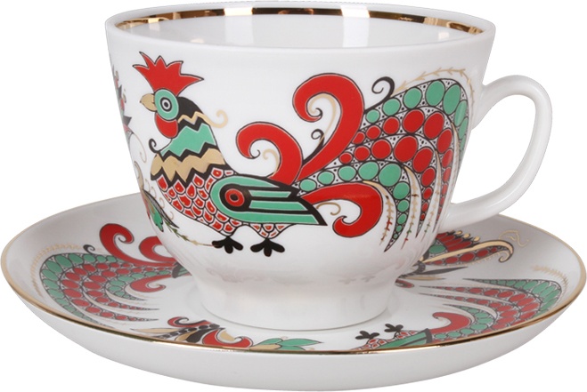 84882 Императорский фарфоровый завод Чашка чайная с блюдцем "Два петуха" "Подарочная" Фарфор твердый 