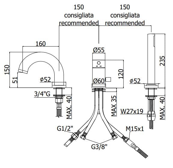 Смеситель для ванны с 3 отверстиями и переключателем RUBINETTERIA PAFFONI Light ARCH-00125293 - Вид №5