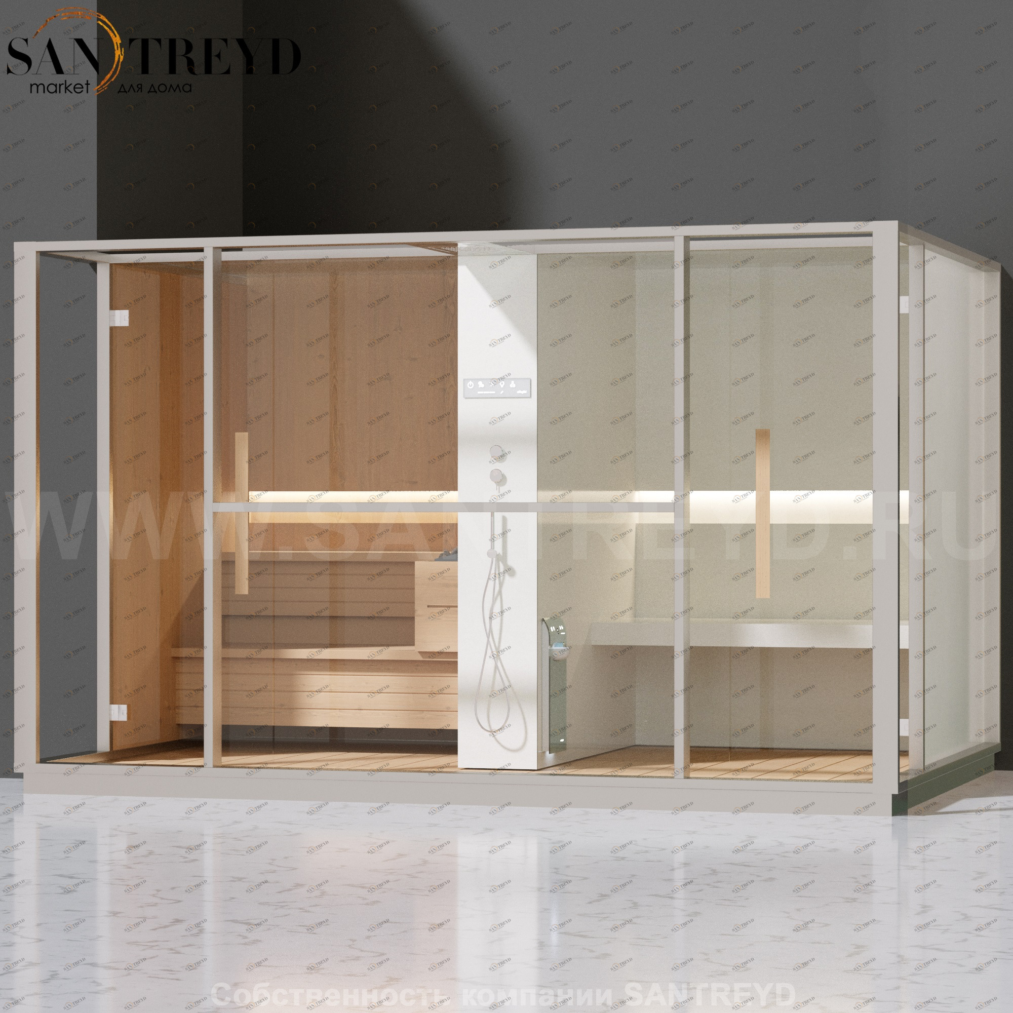 Effegibi LOGICA LO10020004 Комбинированная баня: хаммам и сауна. Установка: в левый  полуугол. Мощность: 10,5 кВт макс. Размеры: длина 373 см, ширина 250 см. Отделка: канадский хемлок, матовый лакированный белый аллюминий и серый ламинат из керамогранита.