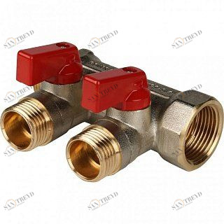 Коллектор с шаровыми кранами 3/4" STOUT 2 выхода 1/2", красные ручки SMB6200341202