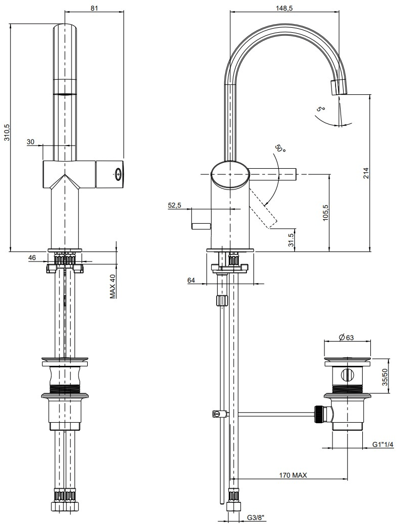 Rubinetterie Frattini Смеситель для раковины, однорычажный, со сливом Brera sun-id-1410959 - Вид №1
