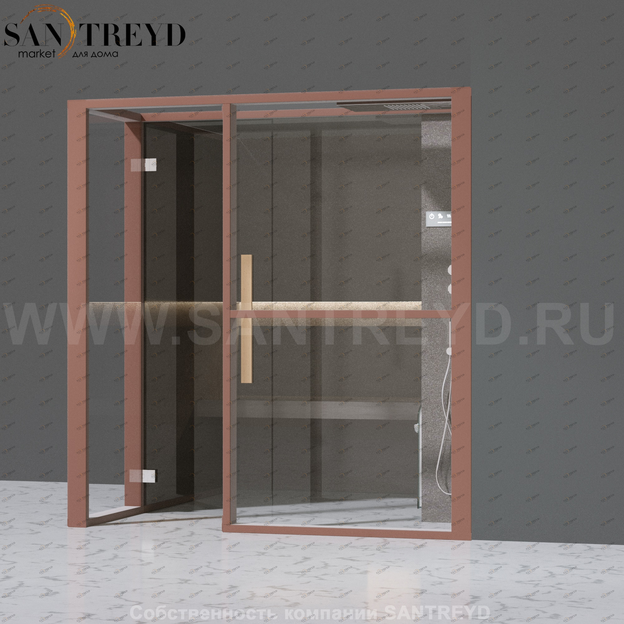 Effegibi LOGICAFILO H LO31030007 Хаммам. Установка: в правый угол. Правая дверь. Мощность: 4,5 кВт макс. Размеры: длина 214 см, ширина 250 см. Отделка: матовый лакированный коричневый аллюминий и темный ламинат из керамогранита.