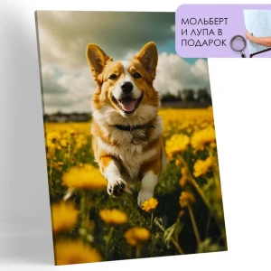 91923735 Картина по номерам 40x50 см на холсте на подрамнике Собачка Корги на цветочной поляне STLM-1545579