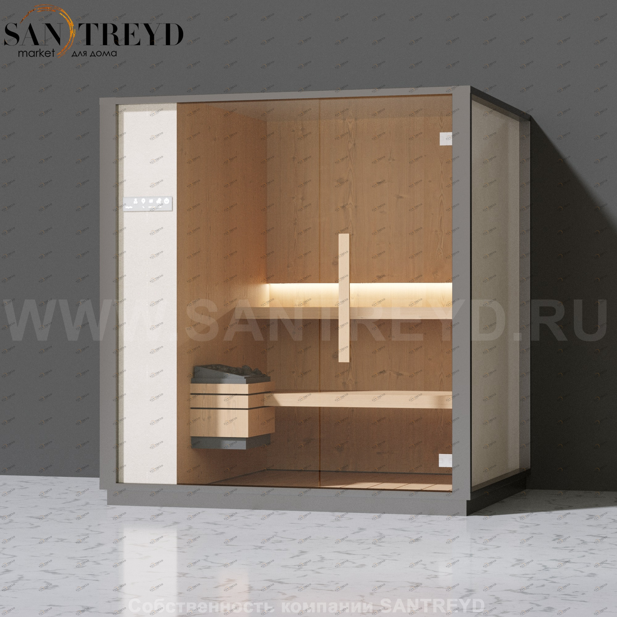 Effegibi ONE S LO50010002 Сауна. Установка: к стене. Левая дверь. Мощность: 6 кВт макс. Размеры: длина 214 см, ширина 171 см. Отделка: канадский хемлок, матовый лакированный серый аллюминий и бежевый ламинат из керамогранита.