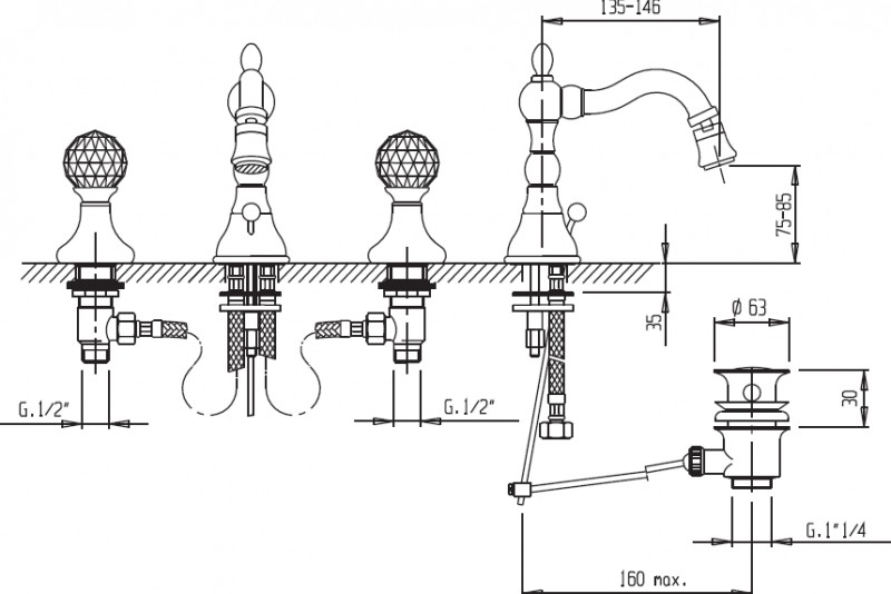 Смеситель для биде на три отверстия Cezares ATLANTIS-BBS2-03/24-Sw/M - Вид №1