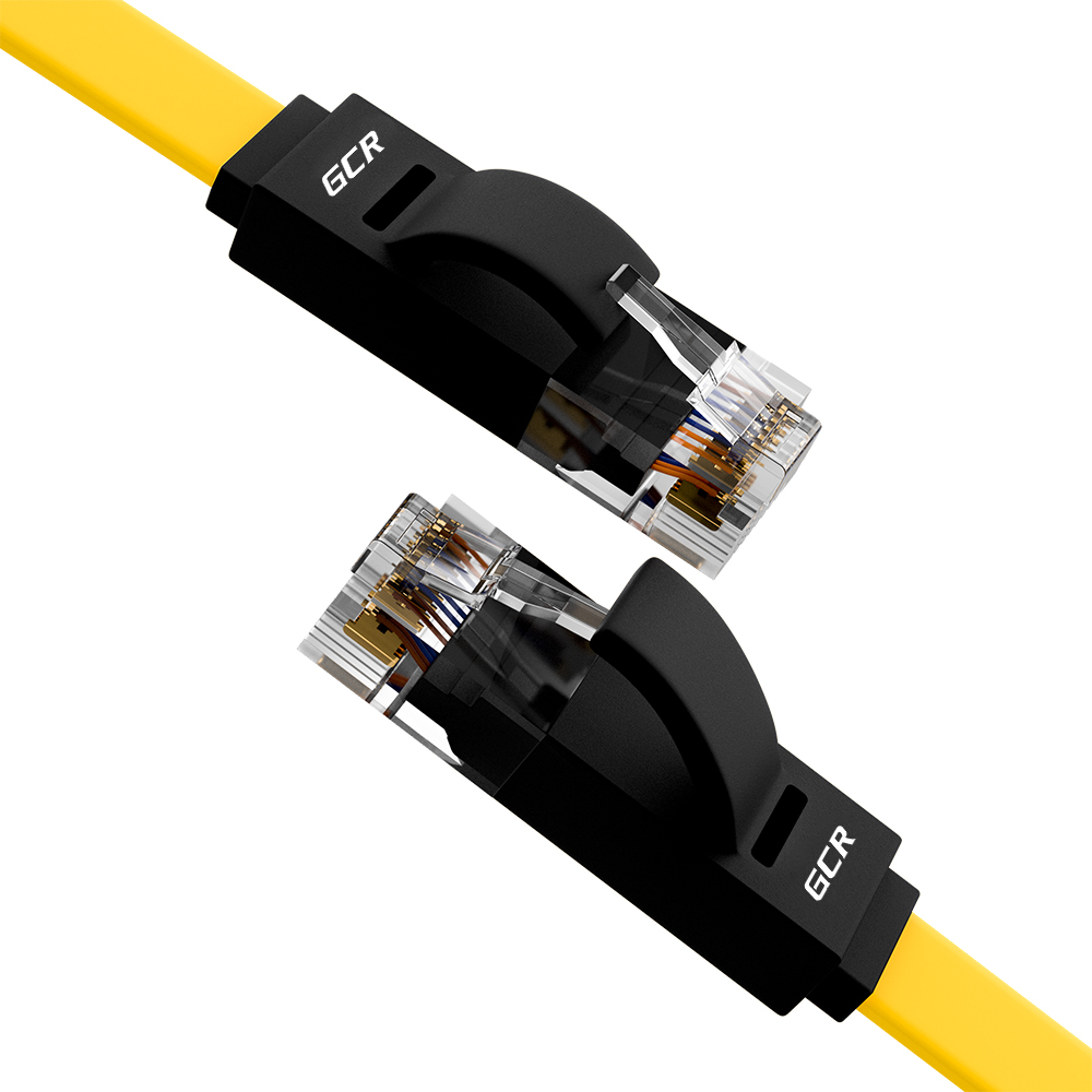 GCR-52098 Gcr патч-корд prof плоский прямой 10.0m, utp медь кат.6, желтый+черный, 30 awg, ethernet high speed 10 гбит/с, rj45, t568b, Greenconnect Santreyd 